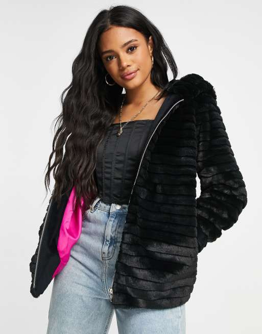 Helene Berman hooded faux fur jacket in black | ASOS