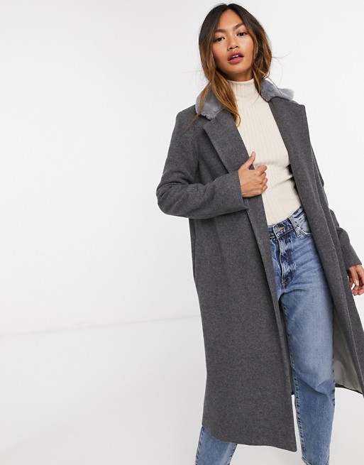 Helene Berman long length faux fur trim wool blend coat in grey