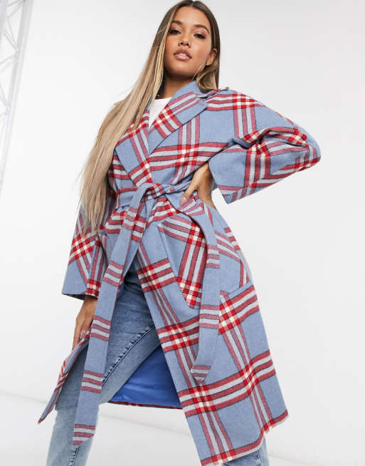 Helene Berman Mantel Mit Gurtel In Blau Kariert Asos