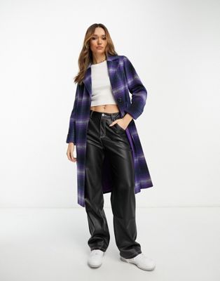 Helene Berman mid length wool blend wrap coat in purple check