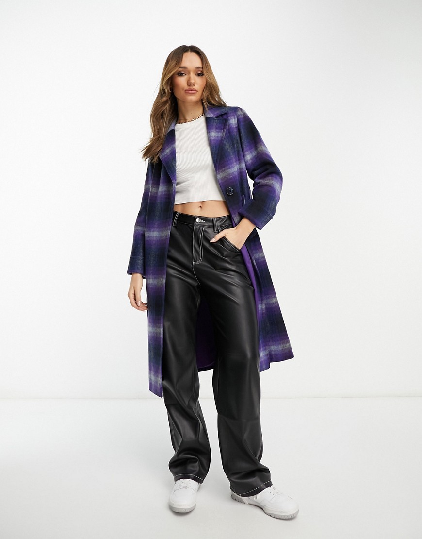Helene Berman mid length wool blend wrap coat in purple check-Multi