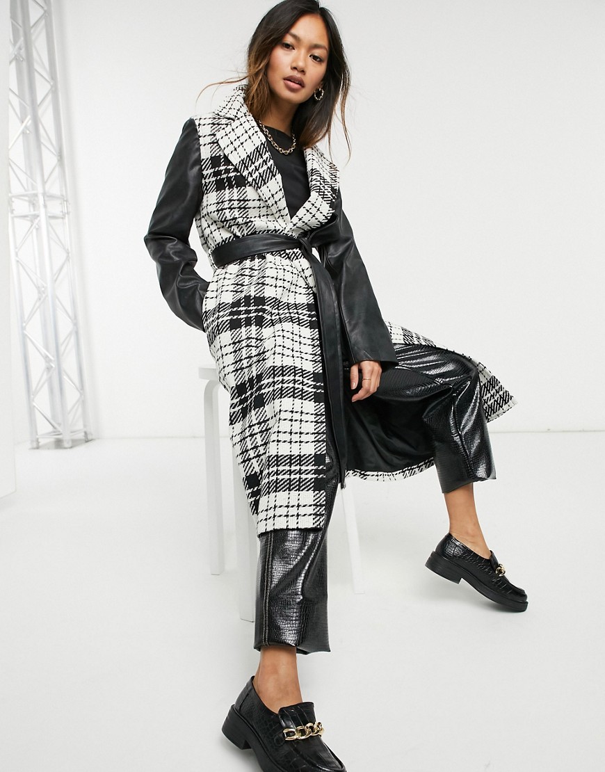Helene Berman pu contrast sleeve wool blend coat in check-Black