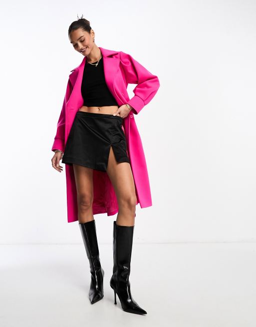 Helene Berman puff sleeve wrap coat in bright pink | ASOS