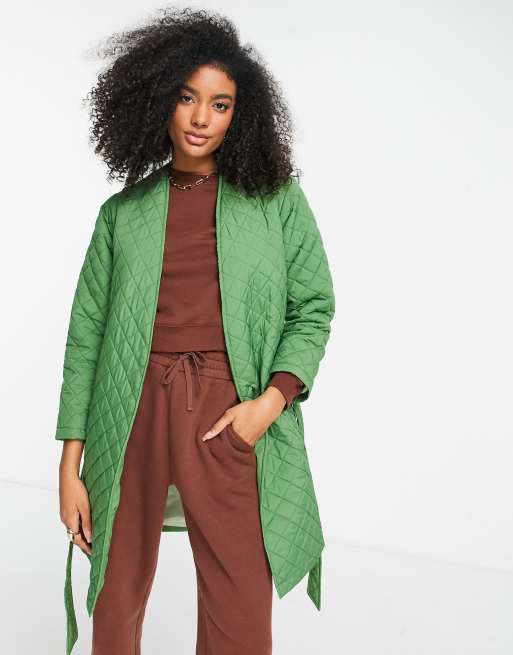 Helene Berman quilted collarless duster coat in green