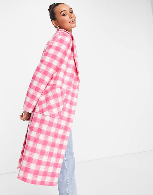 Helene Berman Ruth long check coat in pink | ASOS