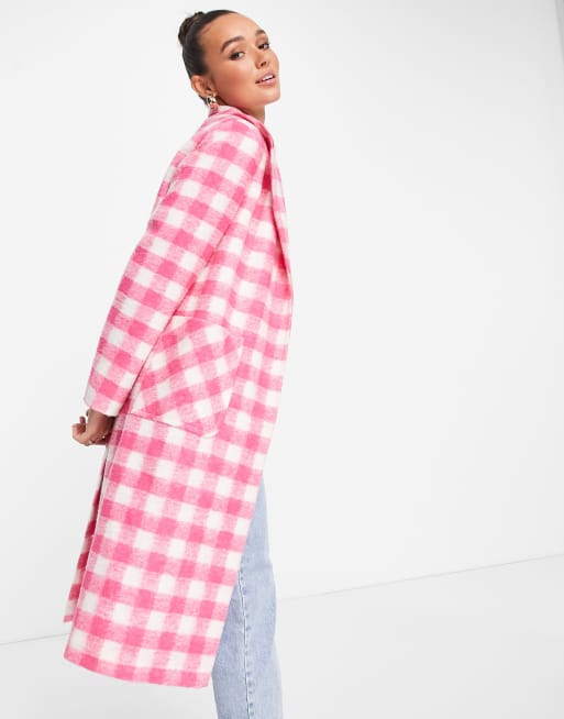 Helene Berman Ruth long check coat in pink ASOS