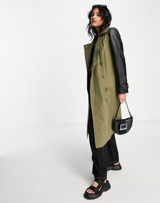 Helene Berman contrast pu sleeve trench coat in khaki - ASOS Price Checker