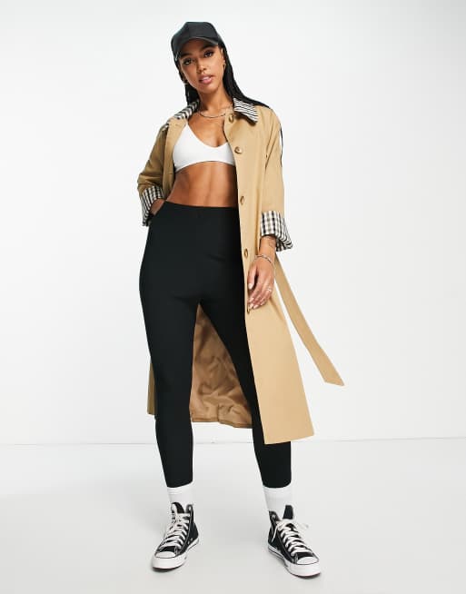 Helene Berman - Trenchcoat met raglanmouwen en geruite boorden in bruin