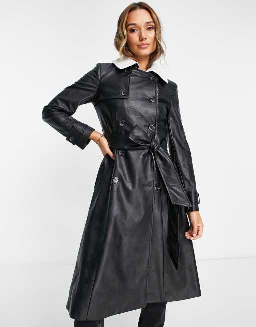 Helene Berman - Trenchcoat van imitatieleer met borg afwerking in zwart