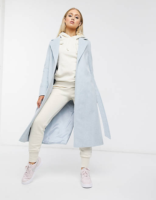 Helene Berman wool blend wrap coat in pale blue | ASOS