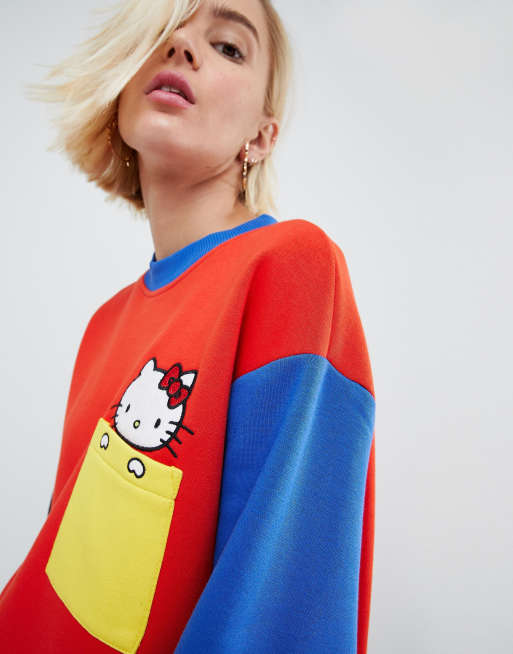 Hello Kitty x ASOS DESIGN colour block denim jacket with embroidery detail