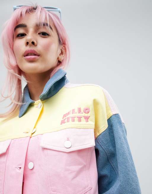 Hello Kitty x ASOS DESIGN colour block denim jacket with embroidery detail