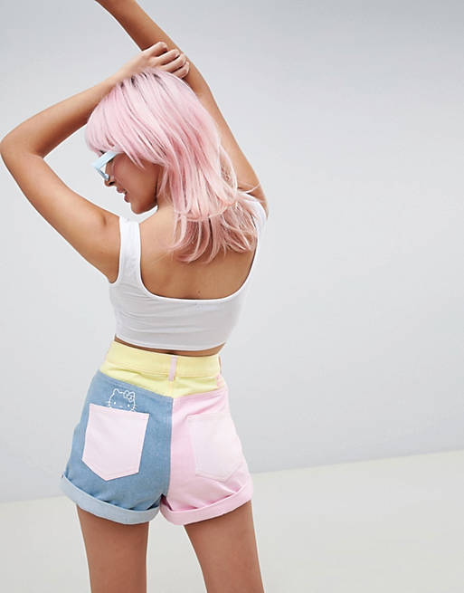 Hello Kitty x ASOS DESIGN color block denim shorts with embroidery detail