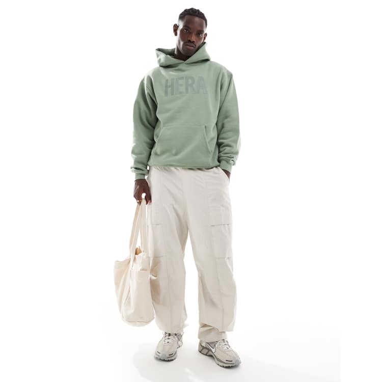 sweatshirt med kontraststygn Hera label oversized hoodie in hedge green WillardmarineShops