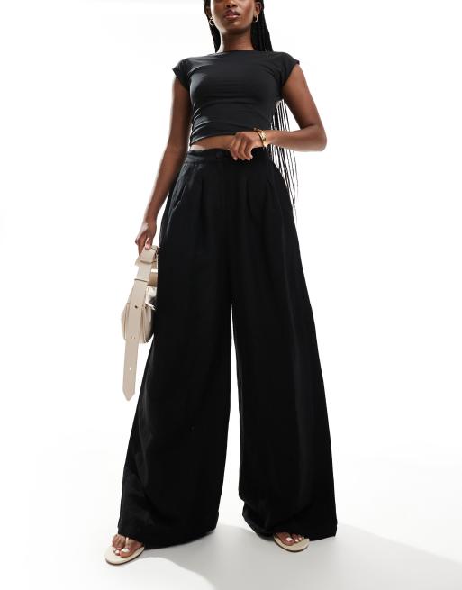 Hera linen mix wide leg pants in black