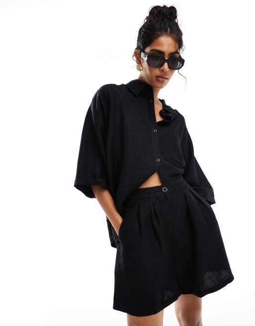 Hera linen short and shirt set in black