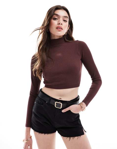 Hera ribbed base long sleeve crop in mahogany brown