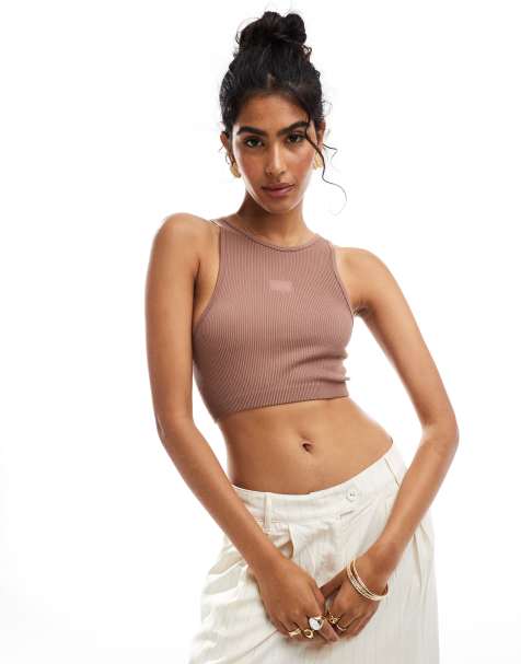 Hera ribbed base racer crop top in acorn brown - view 1