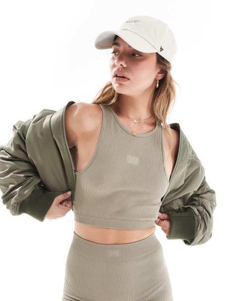 Hera ribbed base racer crop top in grey green - view 1