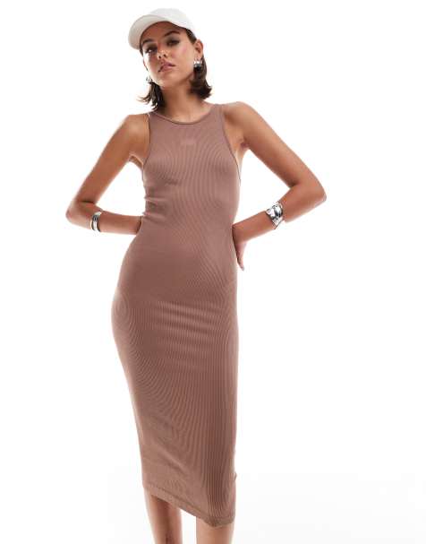Hera ribbed base racer midi dress in acorn brown - view 1