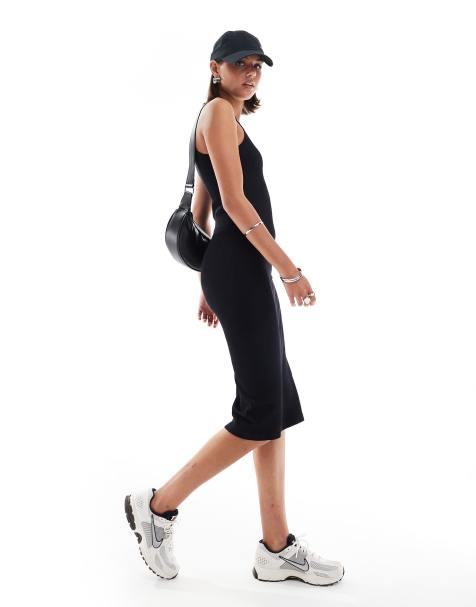 Hera ribbed base racer midi dress in black 