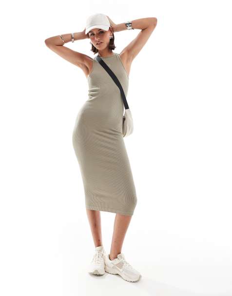 Hera ribbed base racer midi dress in grey green - view 1