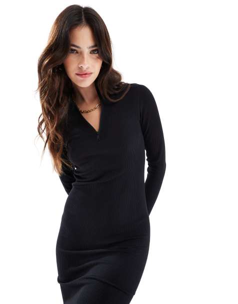 Hera Womens ribbed base long sleeve midi dress in black