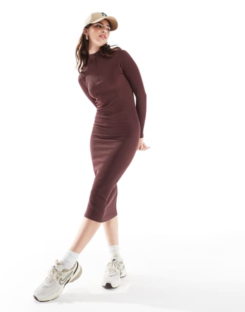 Hera Womens ribbed base long sleeve midi dress in mahogany brown - view 1