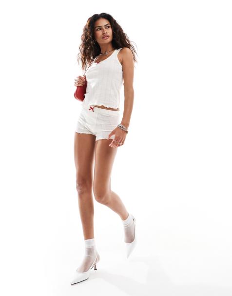 Heretic Nine Exclusive low rise micro mini shorts in pointelle with brown bow co-ord - view 1
