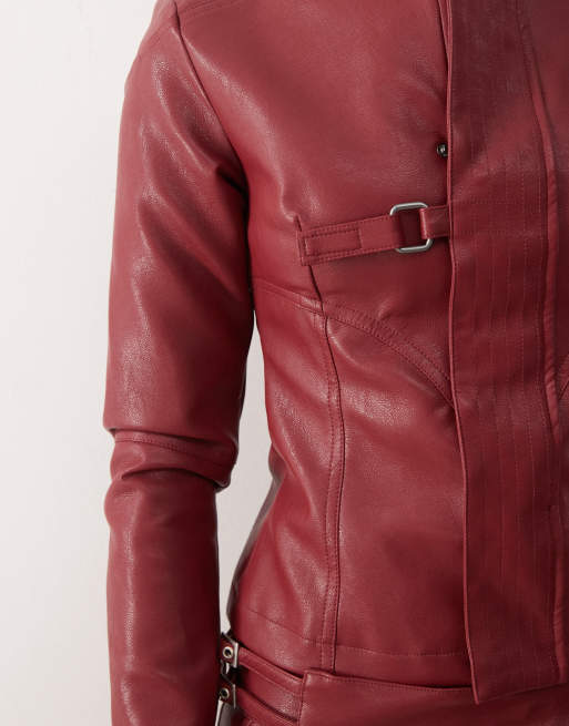 Heretic Nine high neck fitted faux leather jacket in red co-ord, 4 of 4