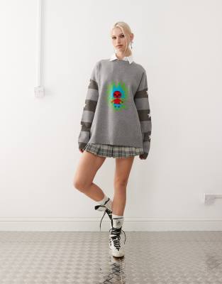 Heretic Nine knit jumper with intarsia artwork in grey