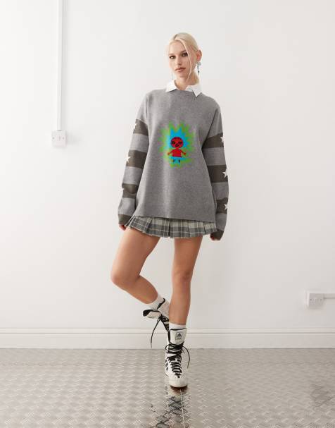 Heretic Nine knit jumper with intarsia artwork in grey - view 1