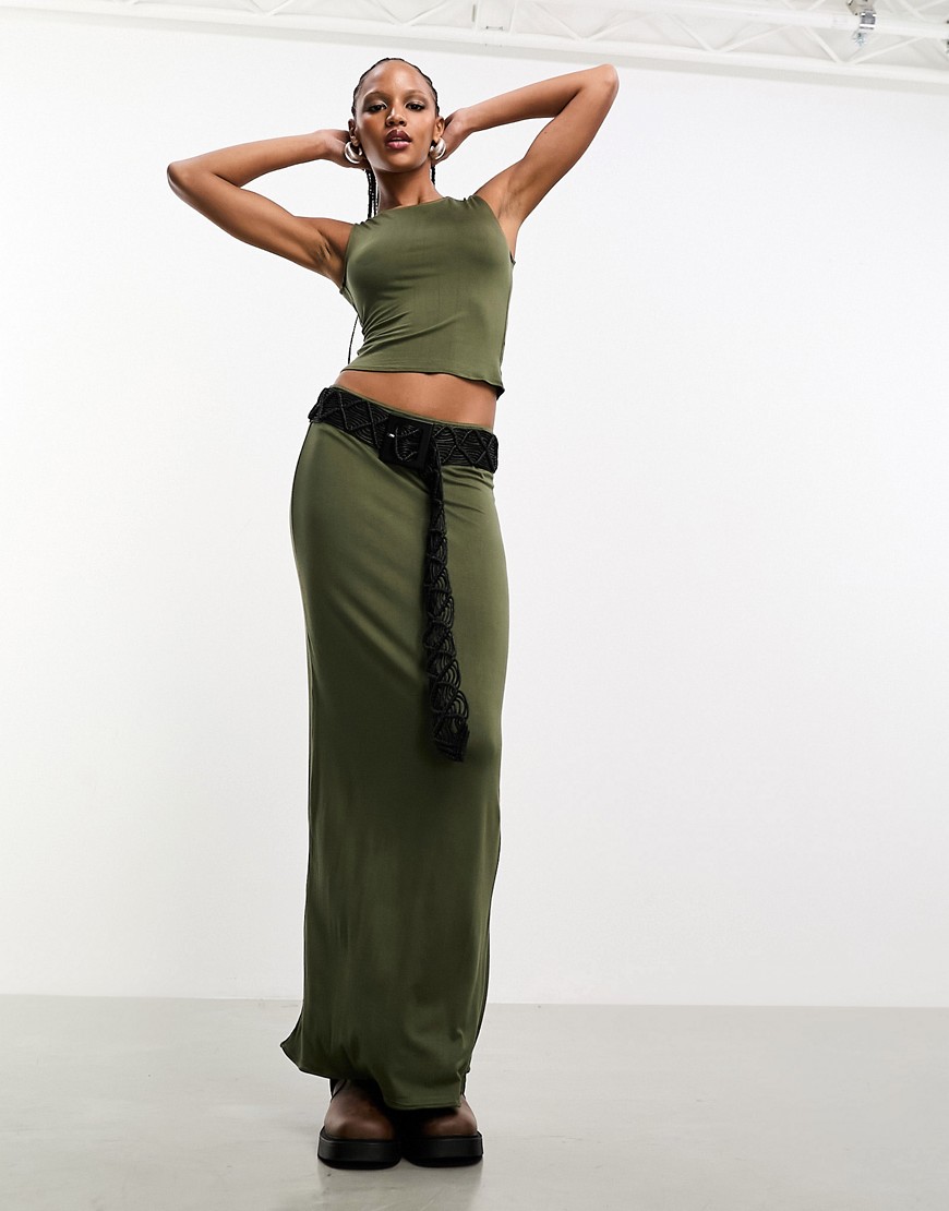 Heretic Nine lightweight mesh midi tube skirt co-ord in khaki-Green