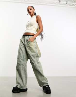 Heretic Nine oversized wide leg distress denim jeans in light blue wash