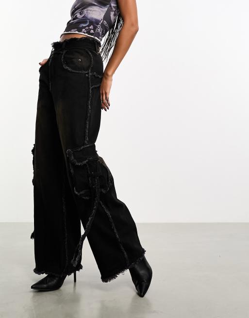 Heretic Nine oversized wide leg frayed denim jeans in washed black