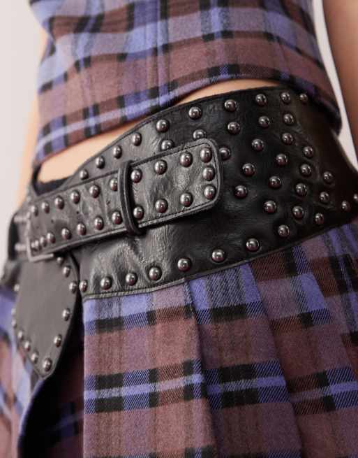 Heretic Nine plaid pleated skirt with studded belt in purple co