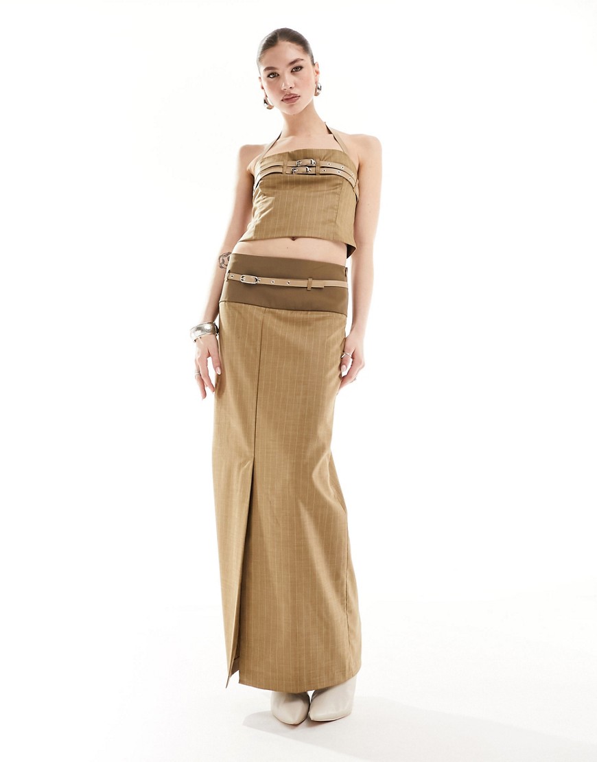 Heretic Nine tailored low rise straight maxi skirt in pinstripe co-ord-Brown
