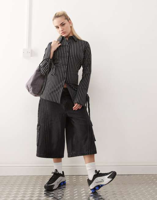 Heretic Nine tie waist fitted long sleeve shirt in black pinstripe