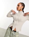 [Heretic Nine] Heretic Nine washed rib knit double zip cardigan in cream-Blue XS Cream blue