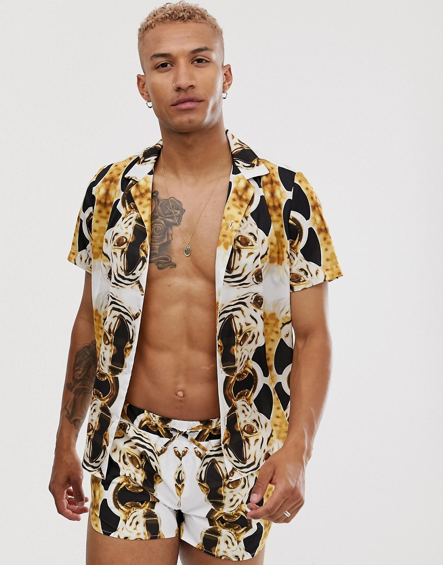 Hermano co-ord revere collar shirt with jaguar print-White