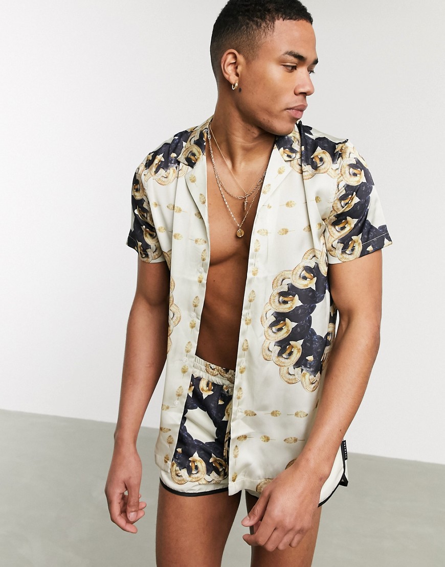 Hermano - Combi-set - Overhemd met reverskraag en ram hoorn print-Beige
