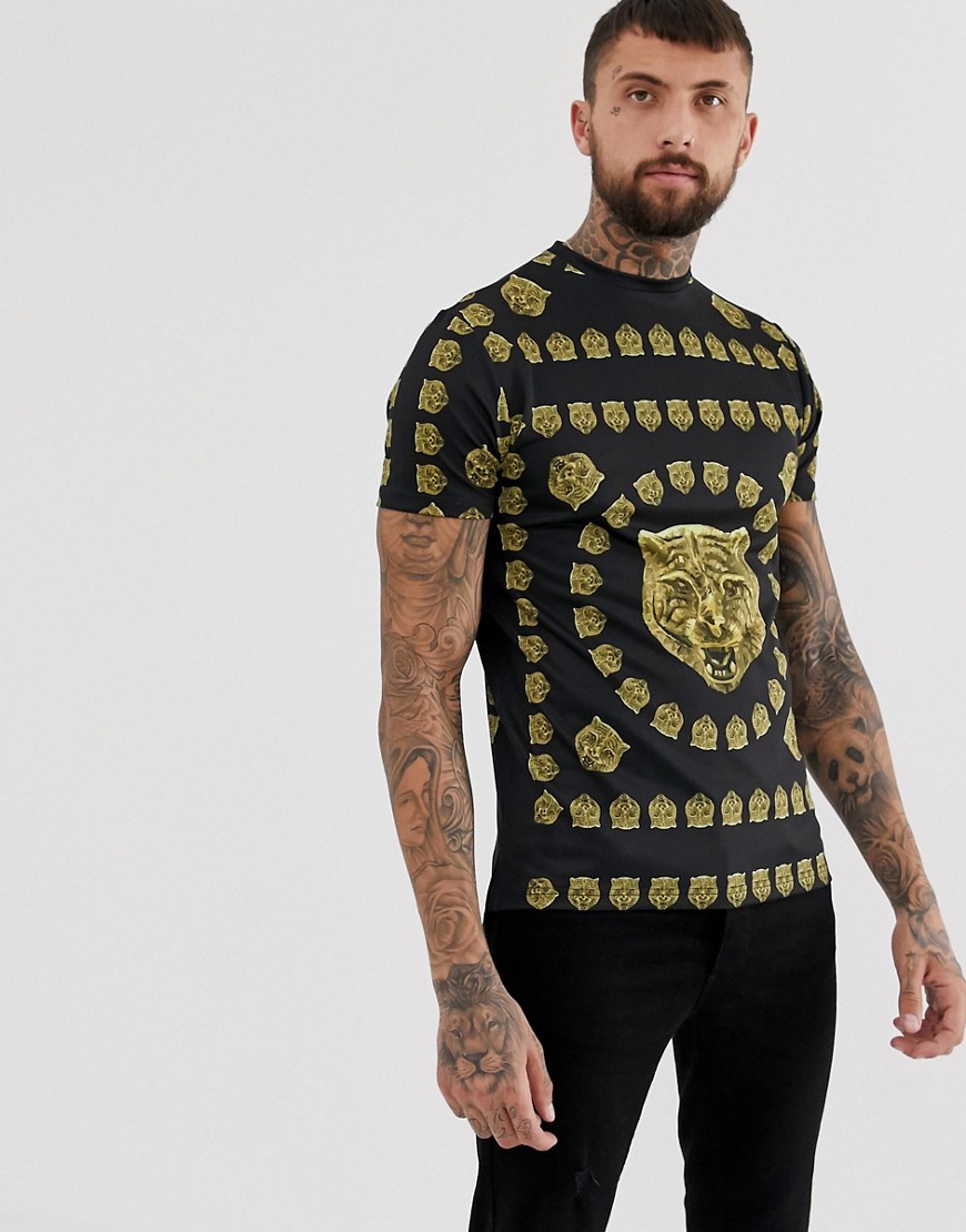 Hermano - Muscle fit T-shirt met tijgerprint-Zwart