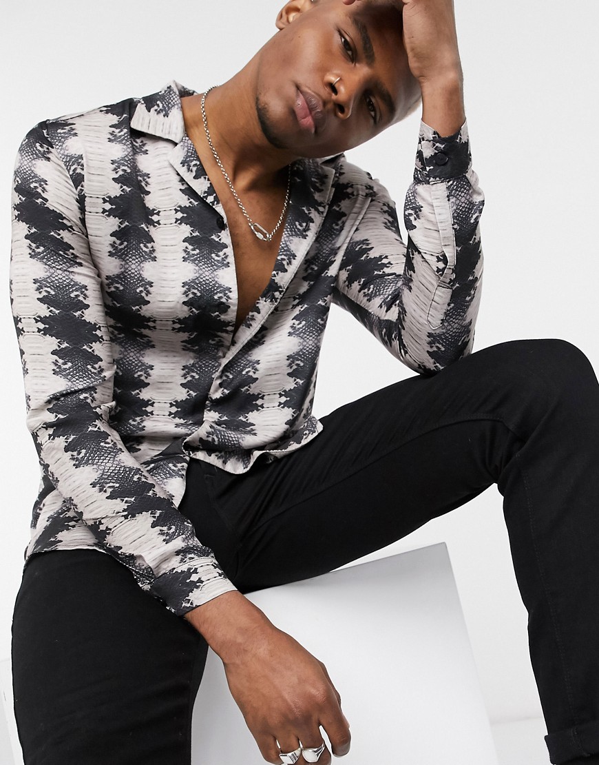 Hermano - Overhemd met lange mouwen en slangenprint-Zwart