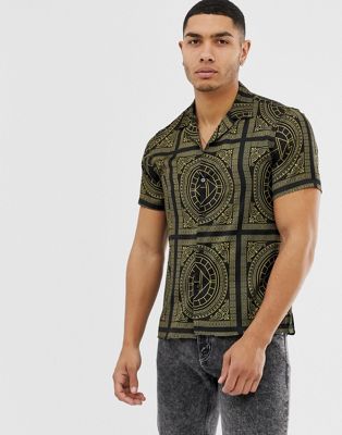 Hermano - Overhemd met reverskraag en gouden print-Zwart