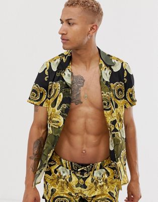 Hermano - Overhemd met reverskraag en print, combi-set-Goud