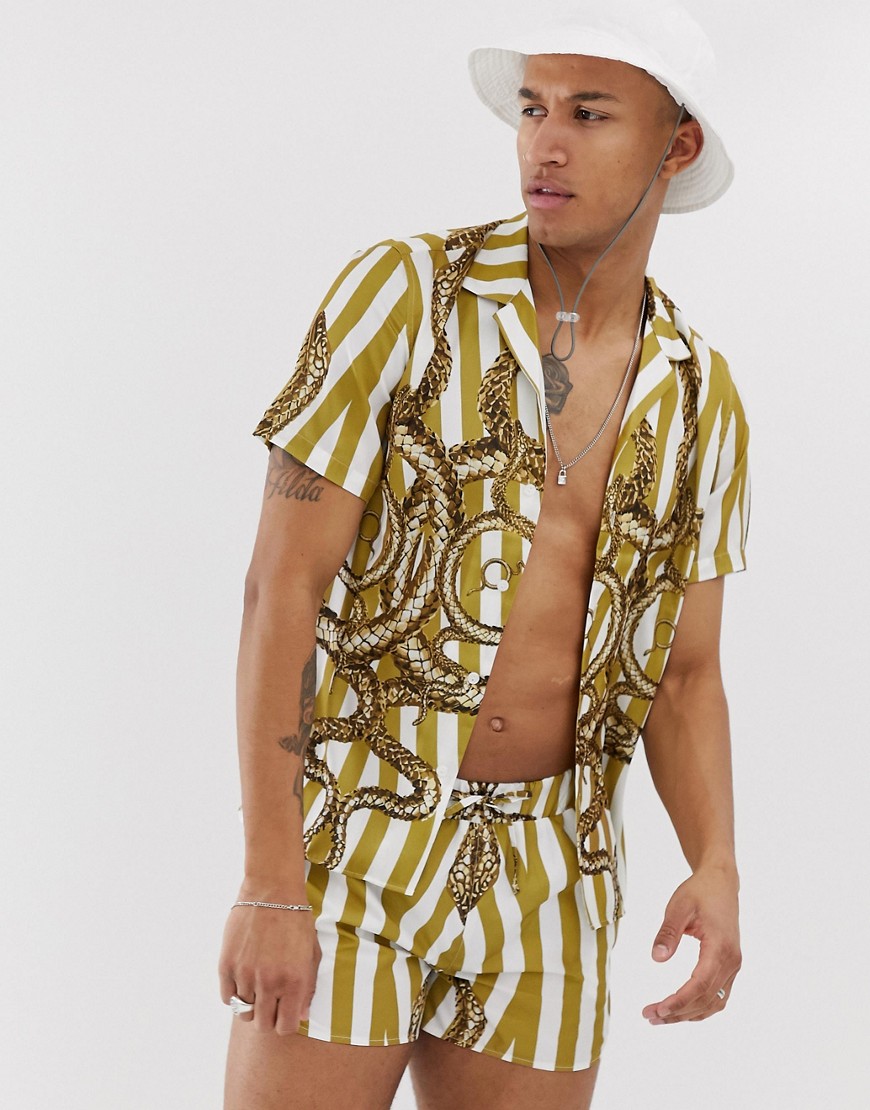 Hermano - Overhemd met reverskraag en slangenprint, combi-set-Wit