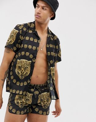 Hermano - Overhemd met reverskraag en tijgerprint combi-set-Zwart
