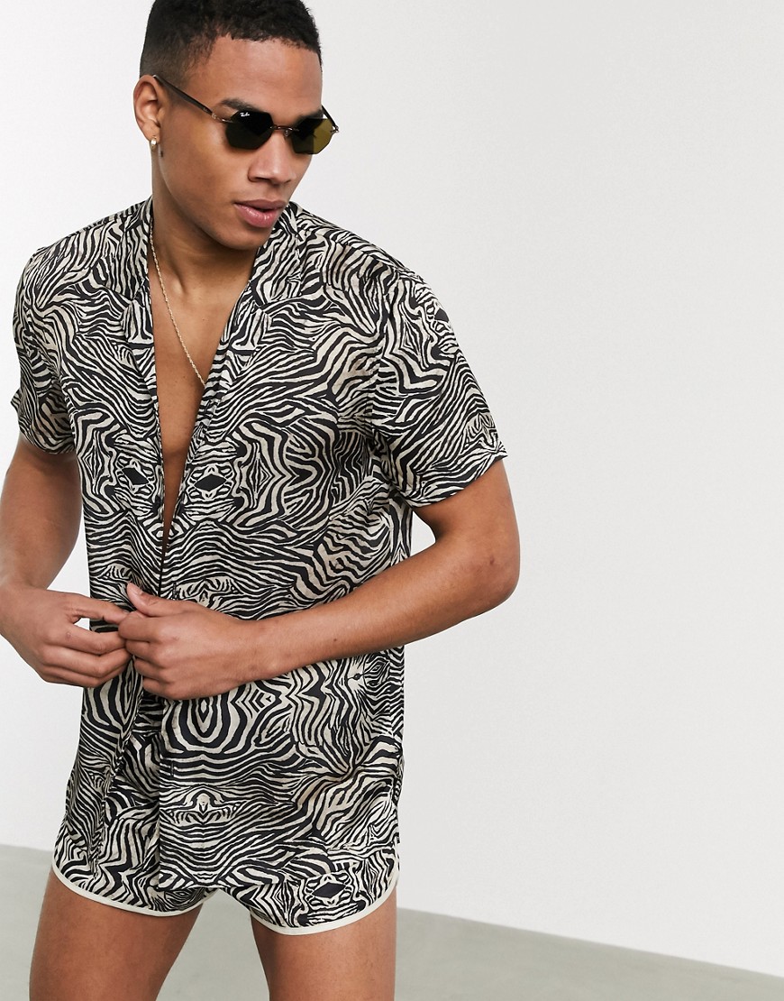 Hermano - Overhemd met reverskraag en zebraprint, combi-set-Zwart