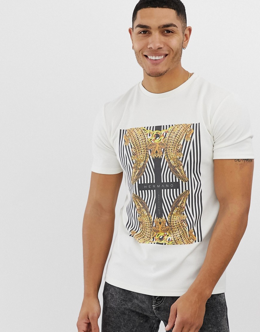 Hermano - T-shirt con logo a rettangolo con stampa di coccodrillo-Bianco