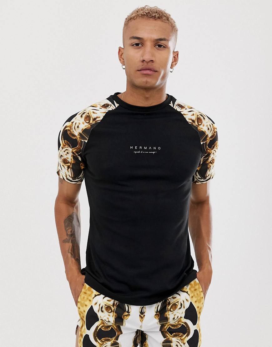 Hermano - T-shirt con maniche raglan e stampa di giaguaro-Nero